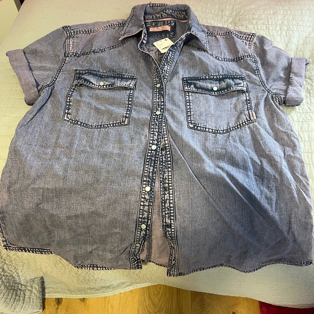 Free people purple / pink / blue oversized denim button down, M, BNWT